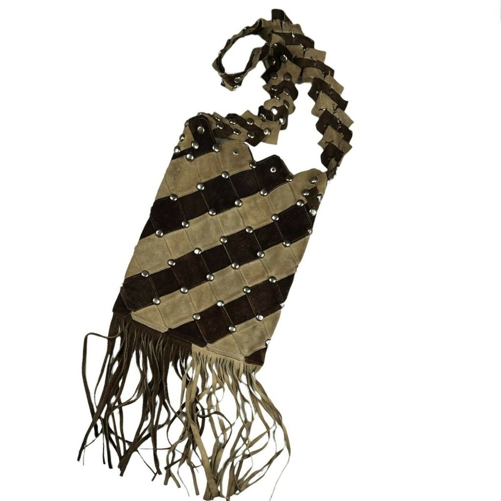 Vintage Tan Shoulder Bag Leather Boho Gypsy Festival Fringe Studded Handbag